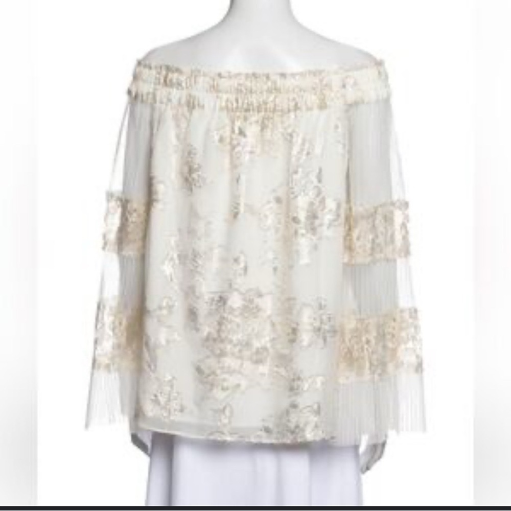 Kobi Halperin Cream Blouse with gold inserts wide mesh sleeves sz L large​